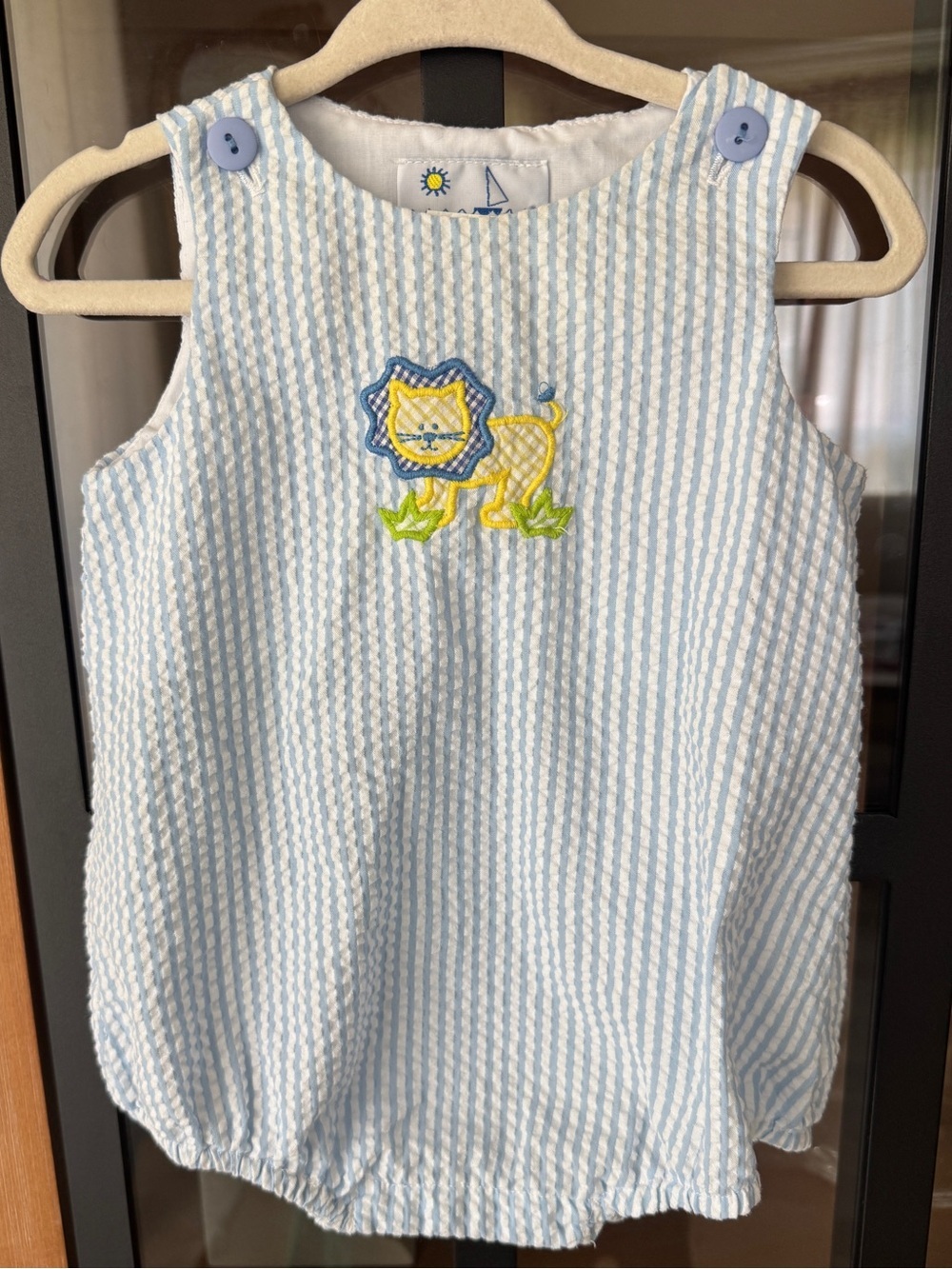 Florence Eiseman seersucker bubble romper lion applique baby boy sleeveless blue
